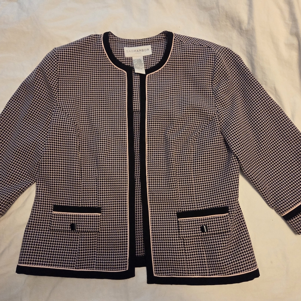 Sag Harbor Womens Pink Black Houndstooth Padded Shoulder Blazar Jacket Size 14